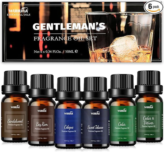 Essential Oils Set, Men Scents Fragrance Oil Essential Oils for Diffuser, Massage, Soap & Candle Making Scents - Sandalwood, Cedar, Cologne, Sweet Tobacco, Rum, Cedar & Vetiver Oils, 6x10ml - Bloomnest
