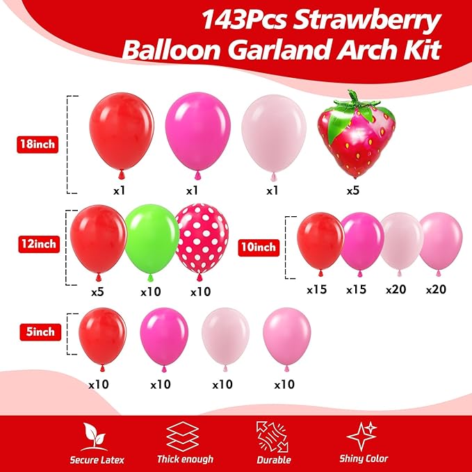 Strawberry Balloon Arch, Red and Pink Green Balloons with Strawberry Balloons Garland Arch Kit for Sweet Girl Berry First Themed Baby Shower Valentine's Day Birthday Party Decorations Set - Bloomnest