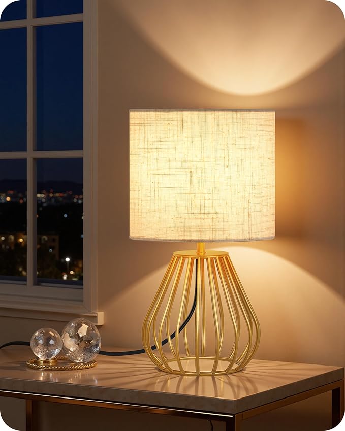 Gold Bedside Table Lamp, 12.6'' Small Table Lamp with Beige Linen Lampshade & Gold Teardrop Cage, Modern Little Cute Desk Lamp for Bedroom, Living Room, 2700K LED Bulb Included DE06TL05 - Bloomnest
