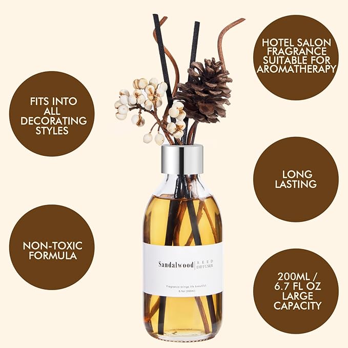 Clesh Reed Diffuser Set, 6.7 oz Sandalwood Scented Diffuser with Sticks, Home Fragrance Reed Diffuser for Bathroom Shelf Decor - Bloomnest