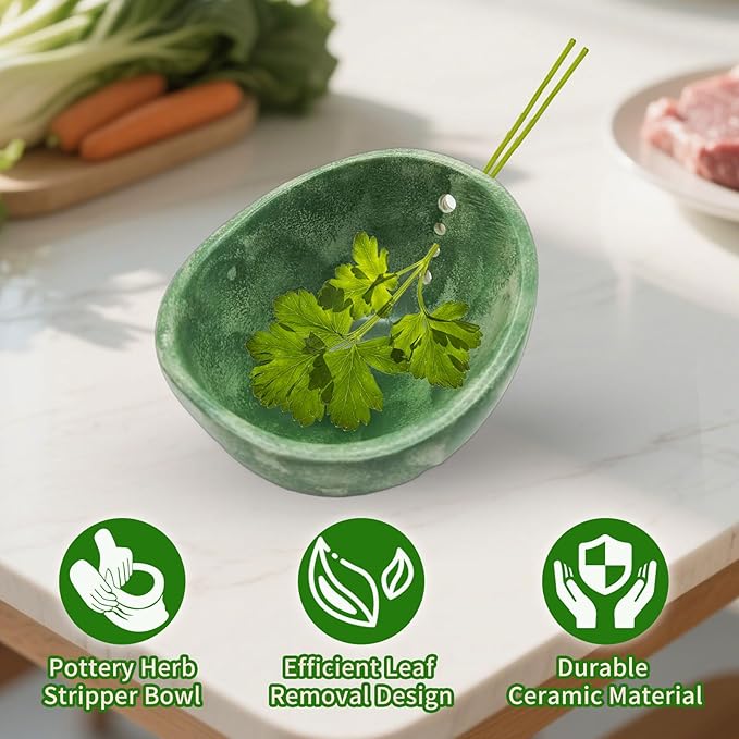 Herb Stripper, Herb Chopper, Herb Stripper Bowl, Kitchen Herb Stripping Tool for Kale, Small Pottery Herb Stripper Ceramic Bowl, Suitable for Peeling off the Leafy Assembly (Green Glaze) - Bloomnest