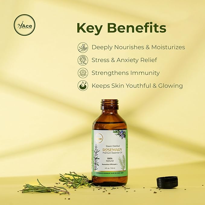 MyAce Rosemary Essential Oil – 100% Pure & Natural | Cold Pressed | for Skin Brightening, Hair Nourishment, Diffuser, Cleaning, Massage, Aromatherapy, DIY Soaps & Candles 4 Fl Oz MyAce