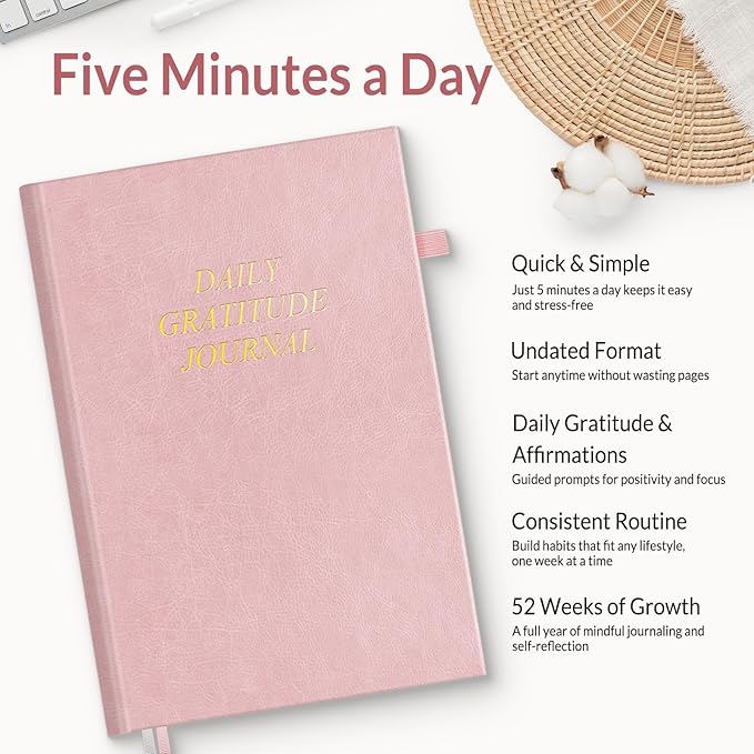 SUNEE Daily Gratitude Journal – 52 Weeks Simple 5 Minute Journal for Daily Reflection, Build Positivity and Mindfulness, Undated Minimalist Planner for Women & Men (Pink)