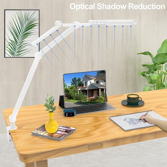 Micomlan Led Desk Lamp for Home Office, White Architect Desk Lamp with Clamp for Crafting, 24W Bright Rotatable Led Table Light Stepless Dimming Tempering Wide Computer Light with Atmosphere Lighting - Bloomnest