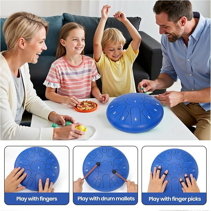 Steel Tongue Drum, 12 Inches 15 Notes Hand Pan Drum, Steel Drum, with Music Book, Handpan Drum Mallet, and Carry Bag (Blue, 12 Inch)