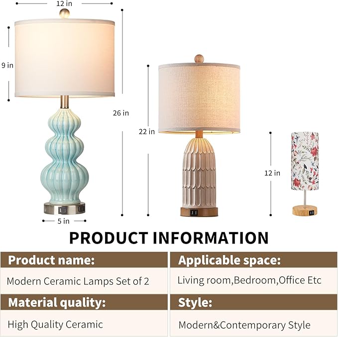 Ceramic Table Lamps Set of 2, Green Modern Bedside 26" Nightstand Lamp 3-Way Dimmable Lamp for Bedroom Living Room Contemporary, Side Table Lamp, Bulbs Included - Bloomnest