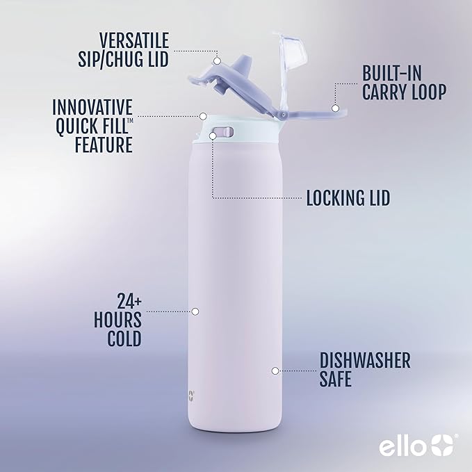 Ello Pop & Fill Insulated Stainless Steel Water Bottle with Quick Fill Lid, Leakproof Locking, Sip or Chug Spout, BPA-Free, Double Wall Vacuum Insulated for Sports, Travel & School- 22oz / 32oz / 40oz Ello