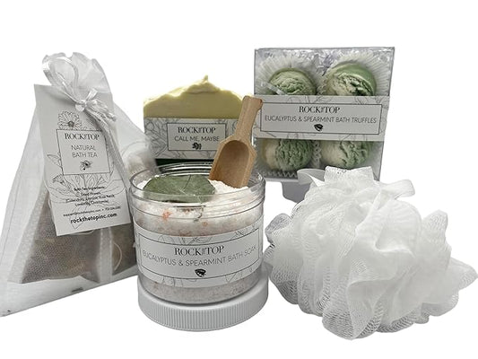 USA MADE | Eucalyptus Spearmint Spa Gift Baskets for Women. 6 Cold & Stress Self Care Gifts, Aromatherapy Epsom Salt Bath Soak, Bath Soap, Bath Bombs (Truffle), Bath Salts Gift Basket. - Bloomnest