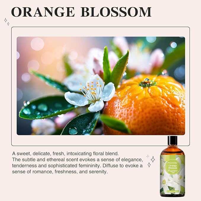 100ML/3.38fl.oz Orange Blossom Fragrance Oils, PHATOIL Orange Blossom Oil for Diffuser, Humidifier, Scented Oils for DIY Soap, Candle Making with Premium Glass Dropper - Bloomnest