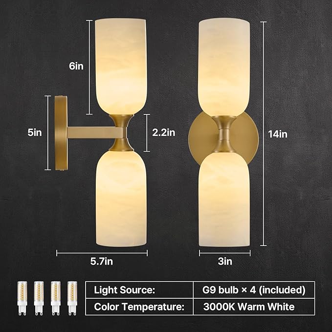 Vintage Alabaster Brass Wall Sconce: Set of 2 Antique Spanish Natural Marble Modern Vanity Wall Lights - 14" Brushed Gold Vanity Light - Indoor Sconces for Bathroom Stair Hallway Bedroom Living Room - Bloomnest