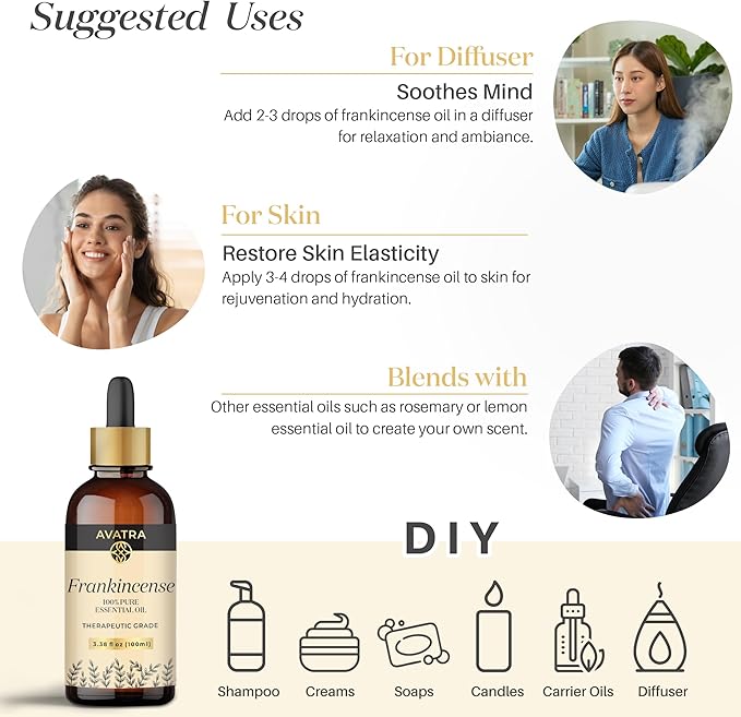 Avatra Frankincense Essential Oil 100ML (3.38 OZ) with Glass Dropper and Travel Bottle, Pure and Natural Therapeutic Grade Frankincense Oil for Diffuser, Aromatherapy, Massage, and DIY Candle Products - Bloomnest
