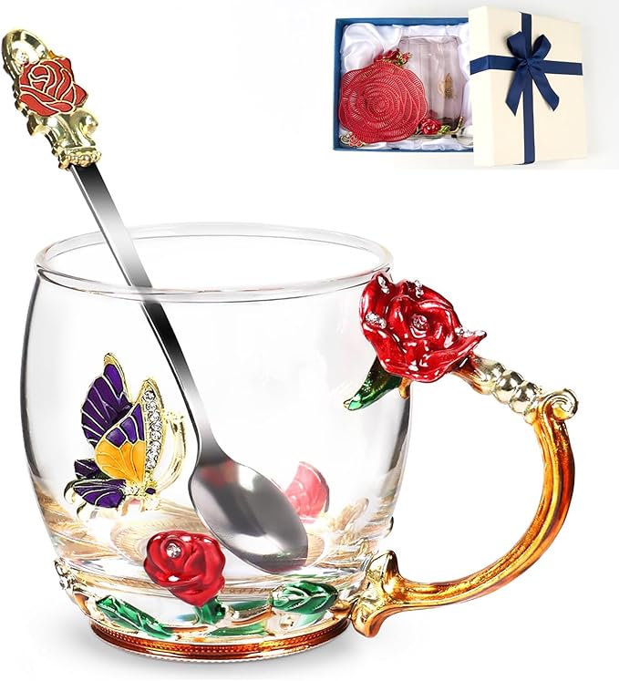 Flower Tea Cup ,Butterfly Rose Clear Glass Fancy Coffee Mug with Spoon,Gift Box for Her Mom Wife Grandma Girls Friends Valentines Christmas Birthday Present Idea for Juice,Hot And Cold Drinks Use - Bloomnest