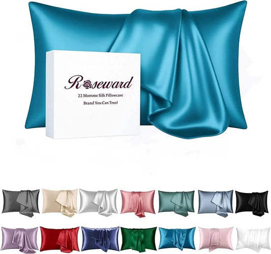 USA Made 100% Silk Pillowcase Peacock, Certified 6A Grade 22 Momme Mulberry Silk Pillow Case for Women Hair and Skin Protection, Anti Face Wrinkle, 1 Pc 20"x26" (Standard, Peacock Blue) - Bloomnest
