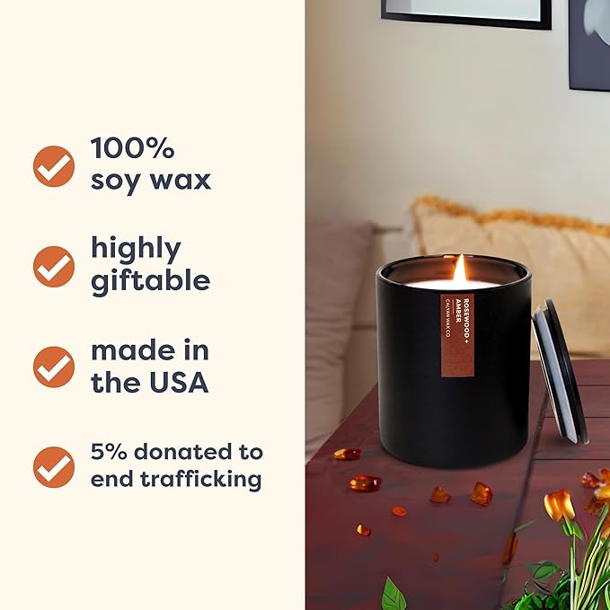 Calyan Wax Co. Rosewood & Amber Scented Candle - 75 Hour Burn - Luxury Non Toxic Soy Wax Candles - Long Lasting Black Tumbler Jar Candle for Home - 10.2oz - Bloomnest