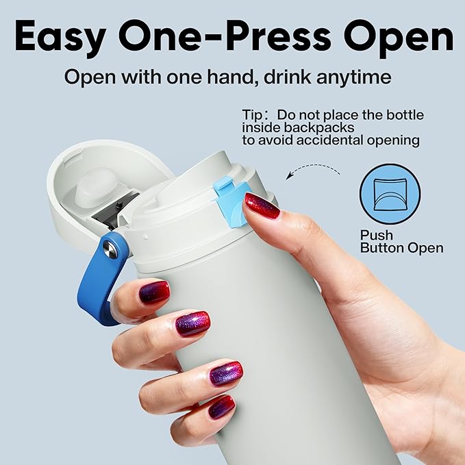 Insulated Water Bottle with Straw - Encool Stainless Steel Water Bottle with Push Button Lid, Leak-Proof & BPA-Free, Keeps Cold for 24 Hours for Sports, Travel, Gym (24 oz, Quill Grey-Blue) ENCOOL