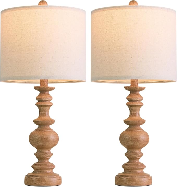 BOBOMOMO 24" Farmhouse Table Lamps Set of 2 – Rustic Light Brown Resin Bedside Lamps with Linen Shades, Medium Size Nightstand Lamps for Bedroom, Living Room, and Entryway, Ideal for Warm, Cozy Spaces - Bloomnest