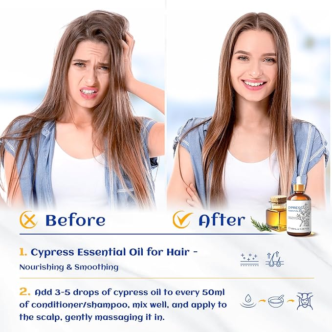 HIQILI 100ML Cypress Essential Oil, 100% Natural for Diffuser, Skin Care, Includes 10ML Travel Bottle - 3.38 Fl Oz - Bloomnest