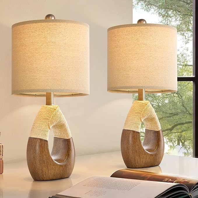 OYEARS Boho Table Lamps Bedroom Living Room Set 2,Suitable for Small Space,Farmhouse RattanTable Lamp 19”Rustic Egg Design Resin Light Decoration,Nightstand Bedside Lamps for Office Study Rest - Bloomnest