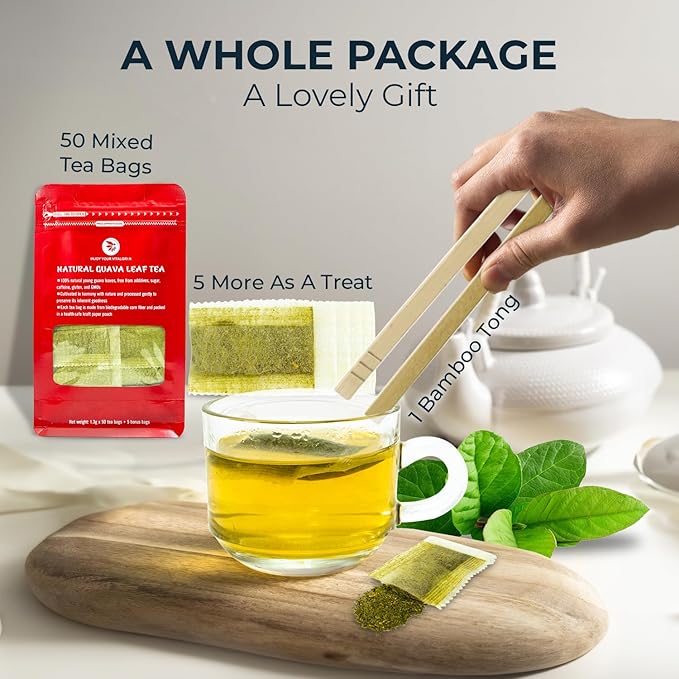 Guava Leaf Tea Bags - 55 Count (+5 Tea Bags) - 4.06 oz with Bamboo Tong, Handpicked & No Sugar Added, No Caffeine, Re-Steep Herbal Tea, Relax Refreshing Hojas De Guayabav - Bloomnest