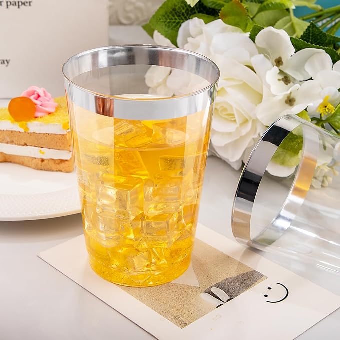 I00000 50 Pack 12 oz Silver Plastic Cups, Silver Rimmed Disposable Cups, Party Wine Glasses Disposable Cocktail Glasses Heavy Duty Cups with Silver Rim, 12 Ounce Plastic Tumblers For Party - Bloomnest