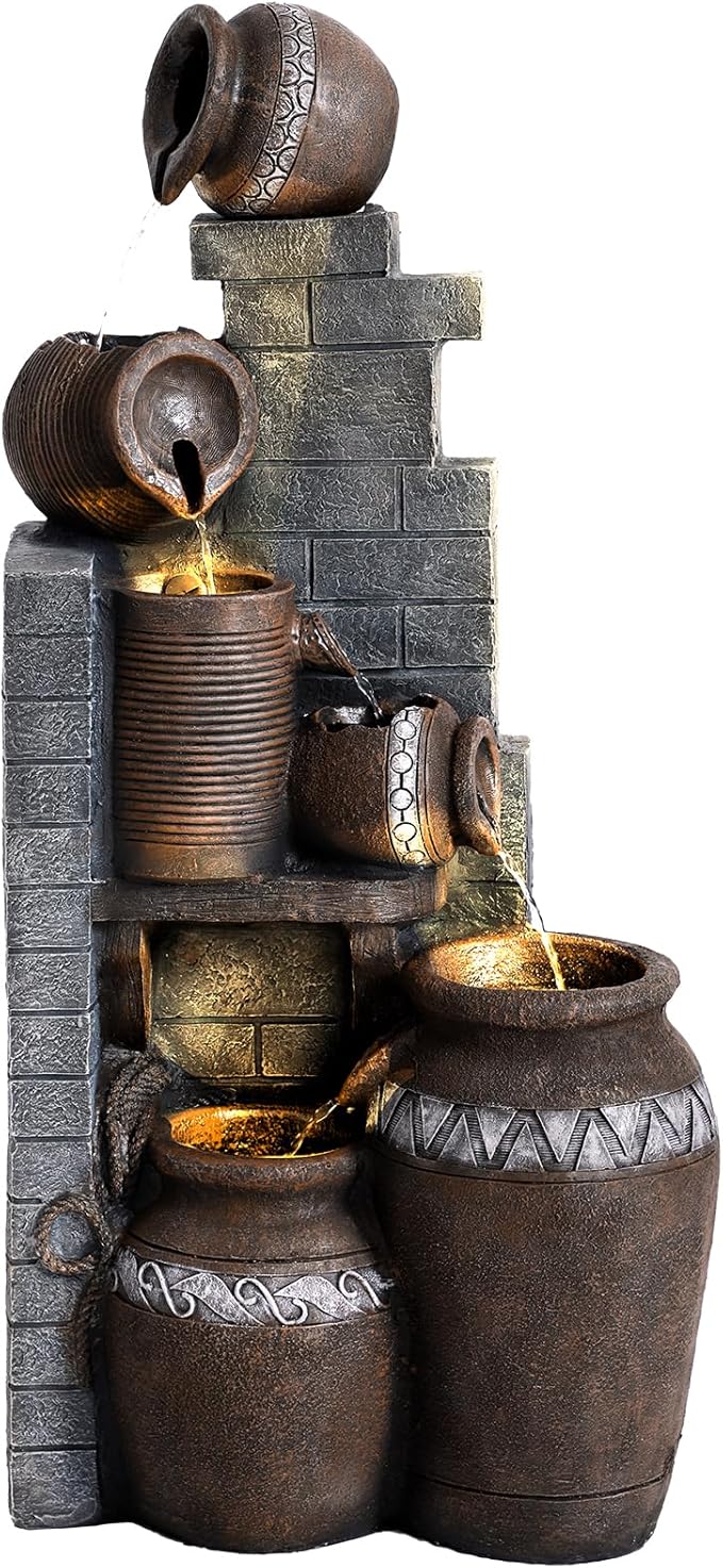Grepatio Outdoor Water Fountain, Garden Waterfalls Fountains with LED Lights, 6 Tier Modern Indoor/Outdoor Floor Standing Water Fountain for Garden, Patio (10.6"(L) x 14.6"(W) x 31.5"(H)) - Bloomnest