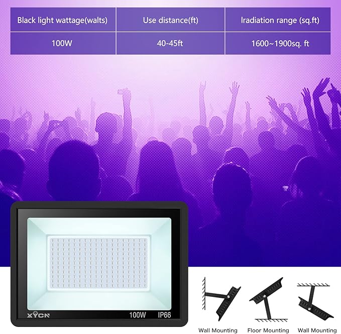 3 Pack 100W LED Black Light, Blacklight Flood Light with Plug and Switch, IP66 Waterproof Neon Glow for Party, Halloween, Fluorescent Poster, Body Paint, Aquarium - Bloomnest