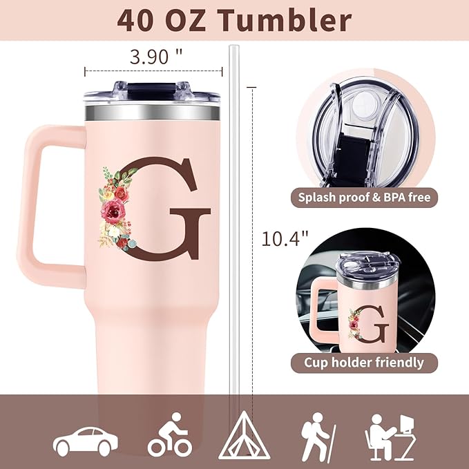Monogrammed 40oz Tumbler with Handle for Women, Personalized Birthday Gifts for Women,Initial Cups for Woman Floral Letter G,Customized Gifts for Female Lady Gift for Mothers Day Christmas - Bloomnest