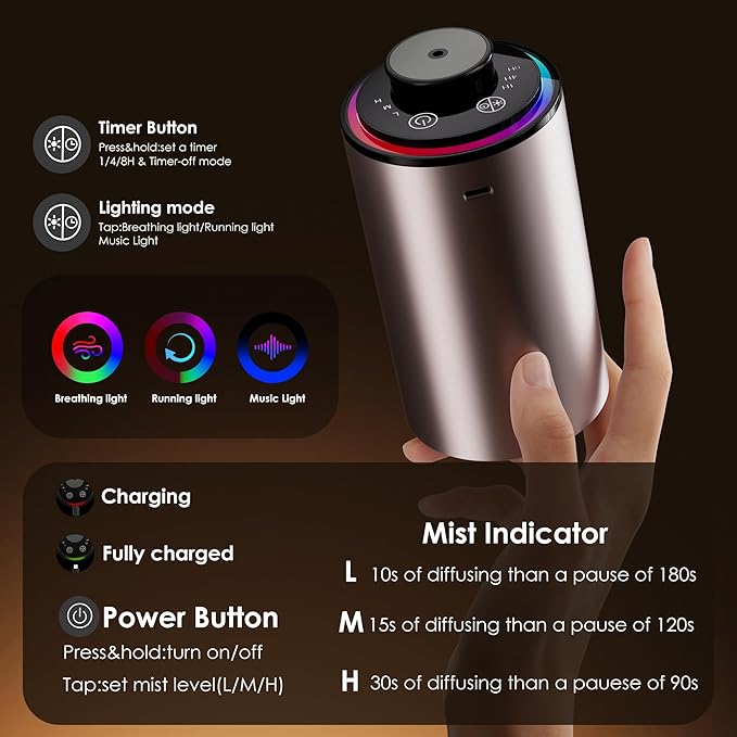 Waterless Essential Oil Diffuser, Portable Aromatherapy Diffuser,3 Countdown Timers & 3 Mist Levels for Home, Room, Car, Office - Bloomnest