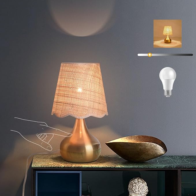 Gold Small Bedside Table Lamp Touche Control 3-Way Dimmable Brass Mini Table Lamps for Nightstand, Rattan Shade Small Table Lamps for Small Spaces for Kitchen Counter, Bookshelf, Bedroom - Bloomnest