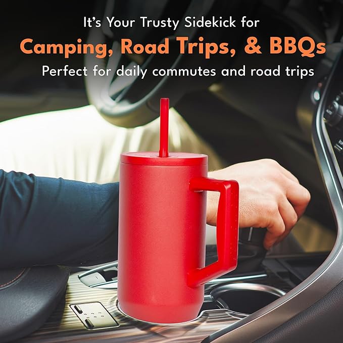 Elemental 40 oz Tumbler with Handle and Straw - Spill Proof Insulated Stainless Steel Commuter for Hot and Cold Beverages - Travel Coffee Mug with 2 Straws & Spill Proof Lid - 40oz - Red - Bloomnest