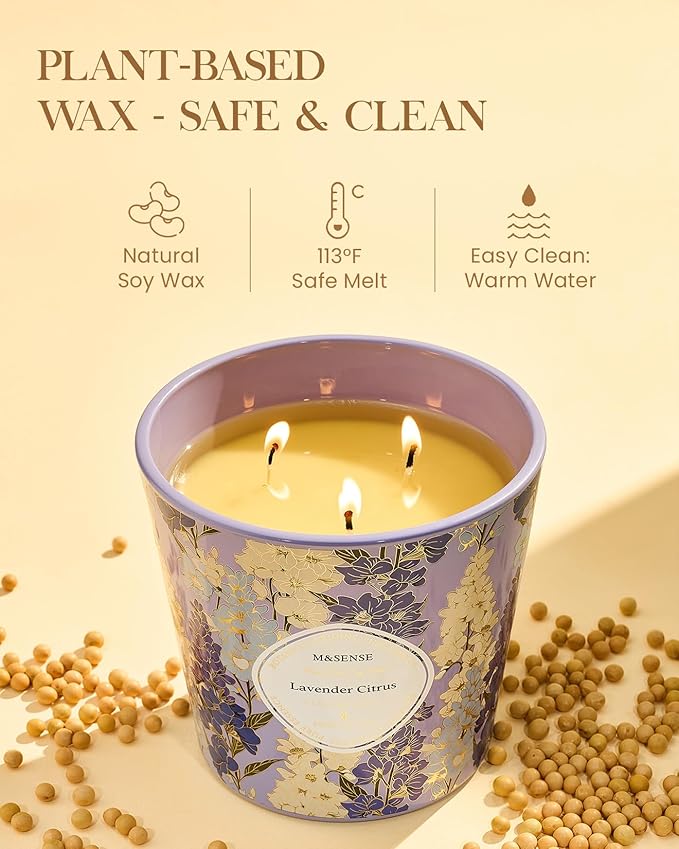 M&SENSE Lavender Citrus Scented Candle, 28.2oz 3 Wick Natural Soy Wax Large Candles, Long Lasting Clean Slow Burning No Toxic Décor for Home Relaxation, Romantic Dates & Gift-Giving - Bloomnest