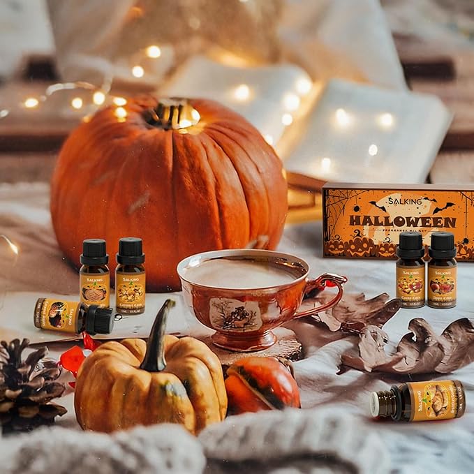SALKING Halloween Fragrance Oils, Premium Essential Oils for Diffuser, Scented Oils Gift Set for Soap Candle Making - Pumpkin Pie,Caramel Apples,Candy Corn, Snickerdoodle, Caramel Corn, Apple Cider - Bloomnest