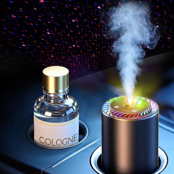 Smart Car Air Freshener with Star Light & 50ml Diffusers Oil Refills, Auto On/Off Aroma Diffuser, 3 Adjustable Mist Modes Rechargeable Aromatizante para Carro - Car Diffuser（Cologne） - Bloomnest