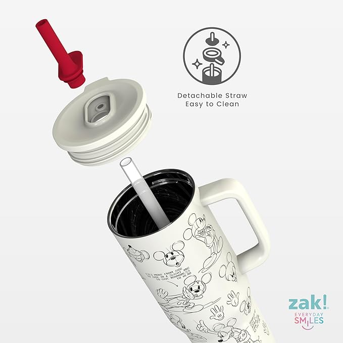 Zak Designs Disney Sutton Travel Tumbler for On the Go, 30oz Stainless Steel with Vacuum Insulation, Silicone Straw, and Carry Handle for Cold Drinks (Mickey Mouse Sketch) - Bloomnest