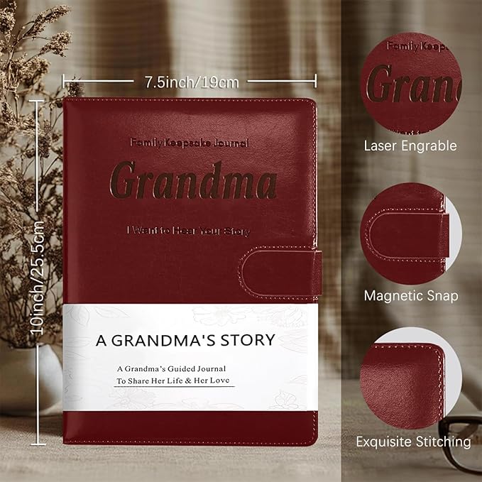 Artmag Grandma's Life Story Journal with 250+ Prompt Questions, Family Keepsake Book Leather Cover for Grandma to Share Her Memories for Birthday Mother's Day Christmas (Red) - Bloomnest