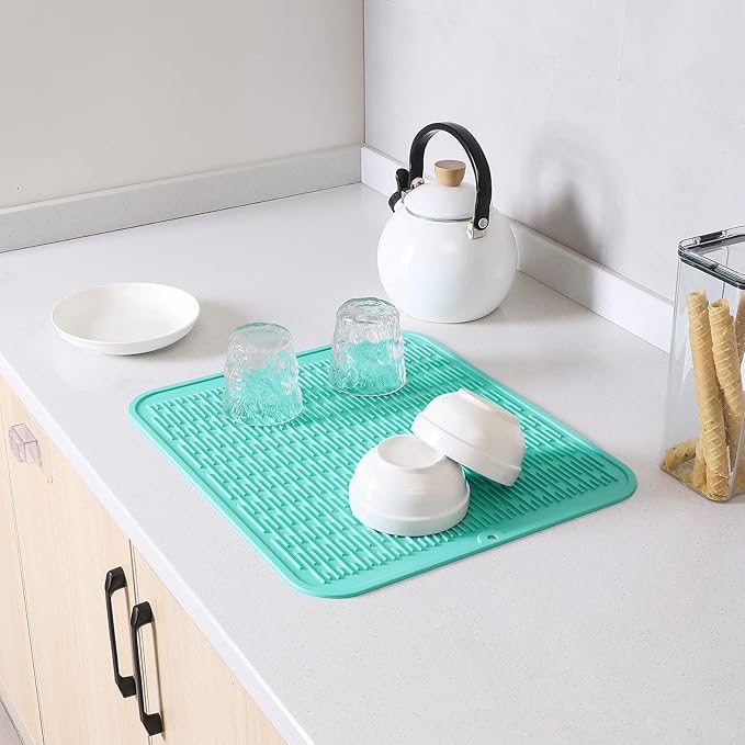 Silicone Dish Drying Mat for Multiple Usage,Easy clean,Eco-friendly,Heat-resistant Silicone Mat for Kitchen Counter or Sink,Refrigerator or Drawer Liner Mint 2XL 24 inches x 18 inches - Bloomnest