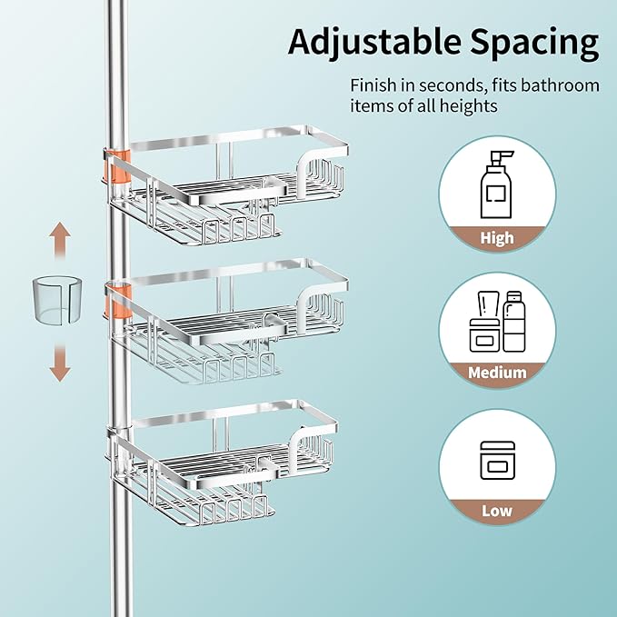 KEGII Shower Caddy Tension Pole – Corner Rustproof Bathroom Organizer with Soap Holder & Hooks, No-Drill Adjustable Shower Shelf for Renters for Families & Renters, 25-114.2 Inch, Silver - Bloomnest