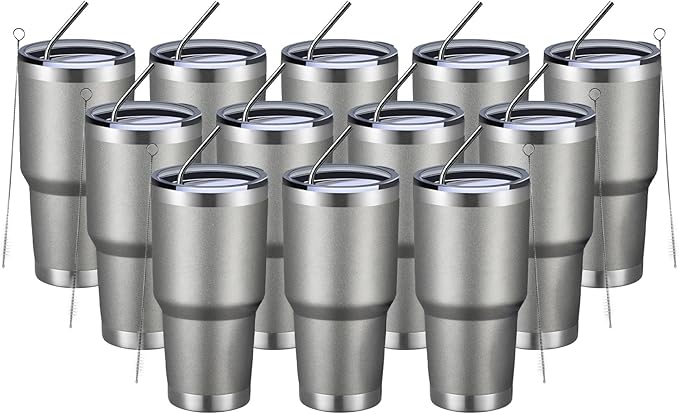 MEWAY 30oz Insulated Tumbler With Lids and Straws,Stainless Steel Double Vacuum Coffee Tumbler Cup, Brush, Durable Powder Coated Coffee Cup for Cold & Hot Drinks, Office, Travel(Cold Grey,12 PACK) - Bloomnest