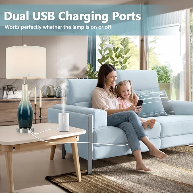 BesLowe 26in Tall Glass Table Lamps Set of 2 with 2 USB Charging Ports & LED Nightlight, Large Coastal Table Lamps for Living Room End Table, Modern Beach Lamps for Bedroom Bedside Nightstand, Blue - Bloomnest