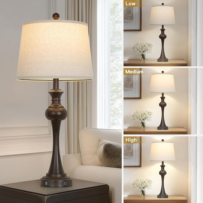 29" Tall Brown Table Lamp, 3-Way Dimmable Touch Control Bedside Lamp with USB A+C & AC Outlet for Bedroom, Living Room (1 Pack) - Bloomnest