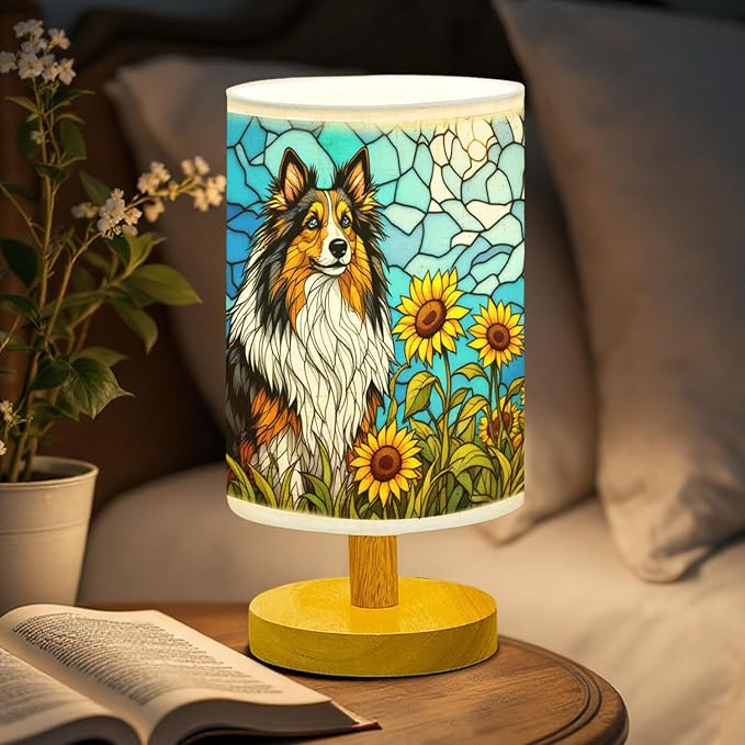 Shetland Sheepdog Table Lamp LED 3-Color Pressed Bedside, Dog Shade Lamp with Wood Base for Bedroom Living Room Desk Office - Bloomnest