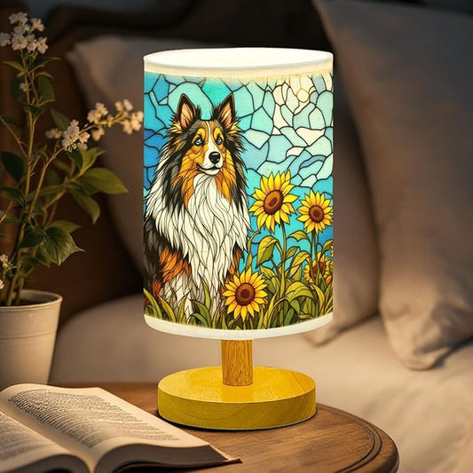 Shetland Sheepdog Table Lamp LED 3-Color Pressed Bedside, Dog Shade Lamp with Wood Base for Bedroom Living Room Desk Office - Bloomnest