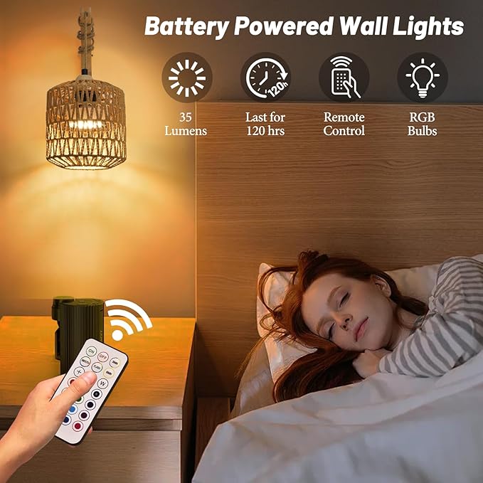 Battery Operated Wall Sconce Set of Two, Rechargeable Rattan Wall Sconces with Remote RGB 15 Colors Dimmable, Farmhouse Boho Wall Lights for Bedroom Living Room Entryway - Bloomnest