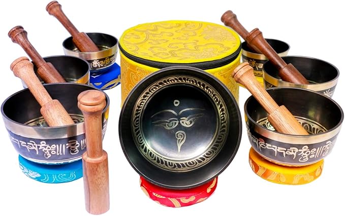 Chakra Healing Tibetan Singing Bowl Sets 7 Sets of Meditation Bowls From Nepal (Black painted) Bloomnest