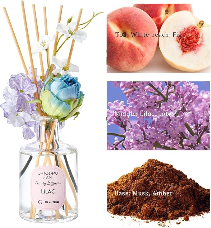 Chloefu Lan Lilac Reéd Diffuser Oil, 6.7 oz Refreshing Natural Essential Scented Oil with Purple Flower Diffuser Sticks,Bathroom Decor, Home & Office Decor,Diffuser Oil Gift Set - Bloomnest