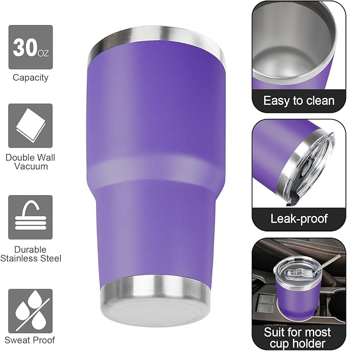 30 oz Tumbler with Lids and Straws Double Wall Vacuum Insulated Tumbler Cup,Stainless Steel Leak-proof Thermal Tumbler Powder Coated Travel Coffee Mug for Cold and Hot Drinks,Dark Purple - Bloomnest