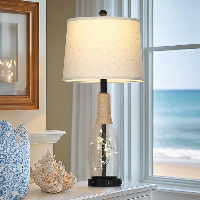 28" Tall Coastal Table Lamps Set of 2, Glass Black Modern Table Lamps with 3-Way Dimmable Touch Control Fairy Lights & Type-C Charging, Beach Nautical Bedside Lamps for Living Room Bedrooms End Table - Bloomnest