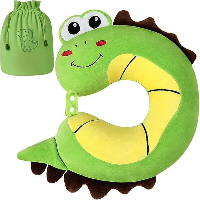 Kids Travel Pillow, Cute Dinosour Memory Foam Neck Pillow with Travel Bag, Soft Adjustable Airplane Pillow for Chin Support, Headrest- Green - Bloomnest