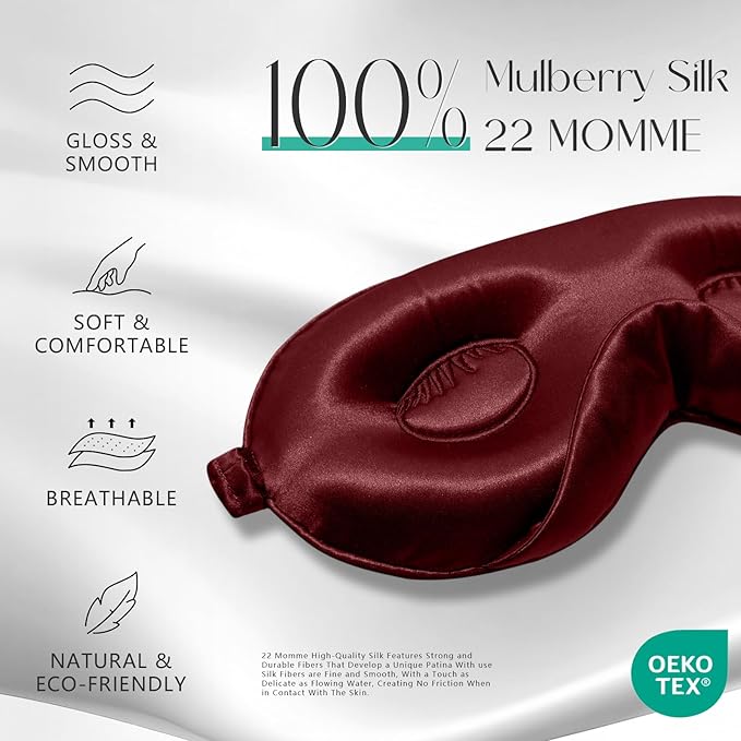 ZIMASILK Adjustable 22 Momme 100% Mulberry Silk Sleep Mask, Upgraded 3D Contoured Cup Eye Mask for Sleeping, Super Soft & Breathable Blindfold, Blackout for Deep Sleeping (Burgundy) - Bloomnest