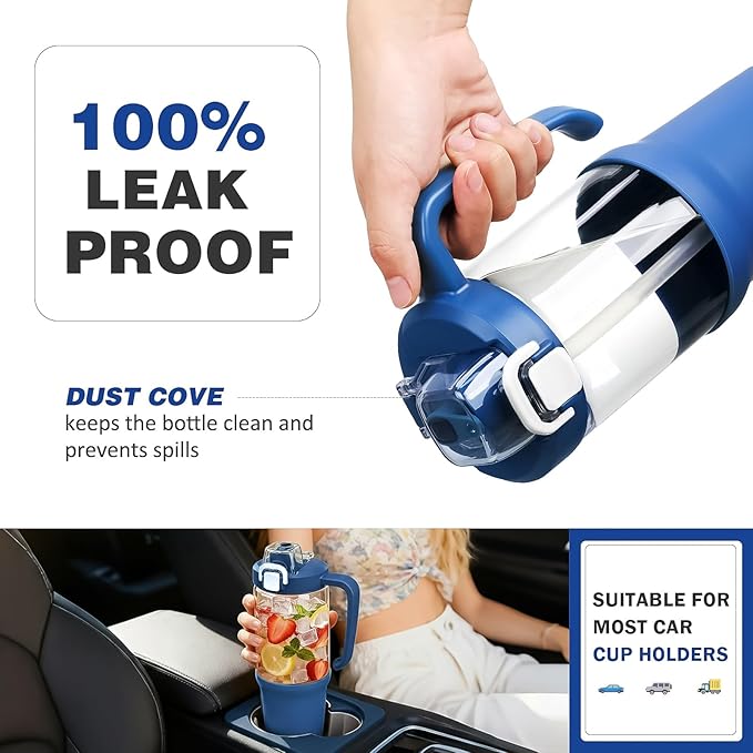 32 oz Glass Tumbler with Handle, 2-in-1 Straw and Sip Spout, Leakproof, BPA-Free Glass Water Bottle for Sports, Office, School, DBlue - Bloomnest